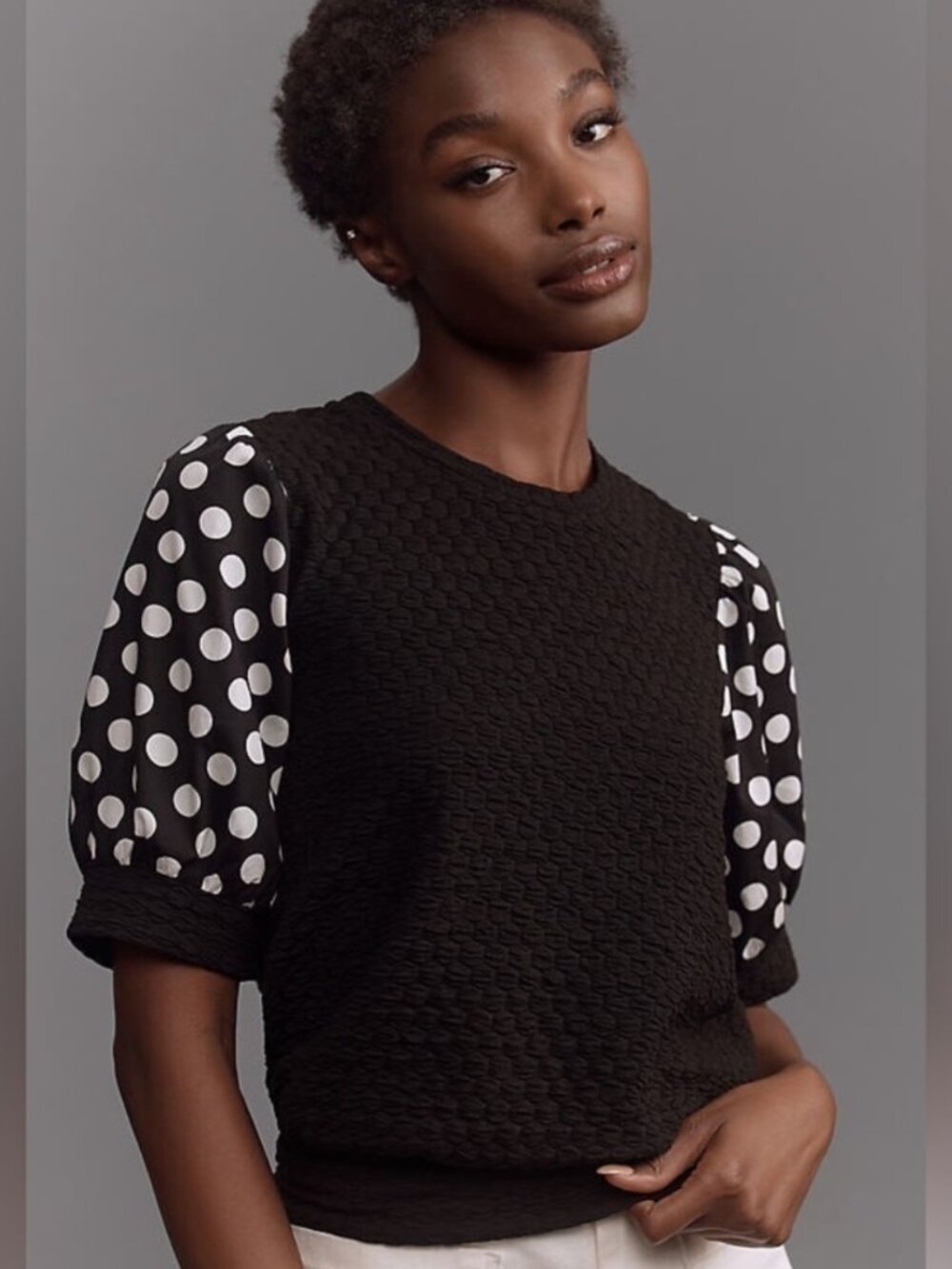 NWT Anthropologie Porridge Black White Polka Dot Puff Sleeve Top in Women's XL